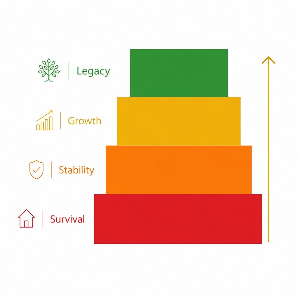 The Four Stages of Money - Survival Stability Growth Legacy pyramid framework