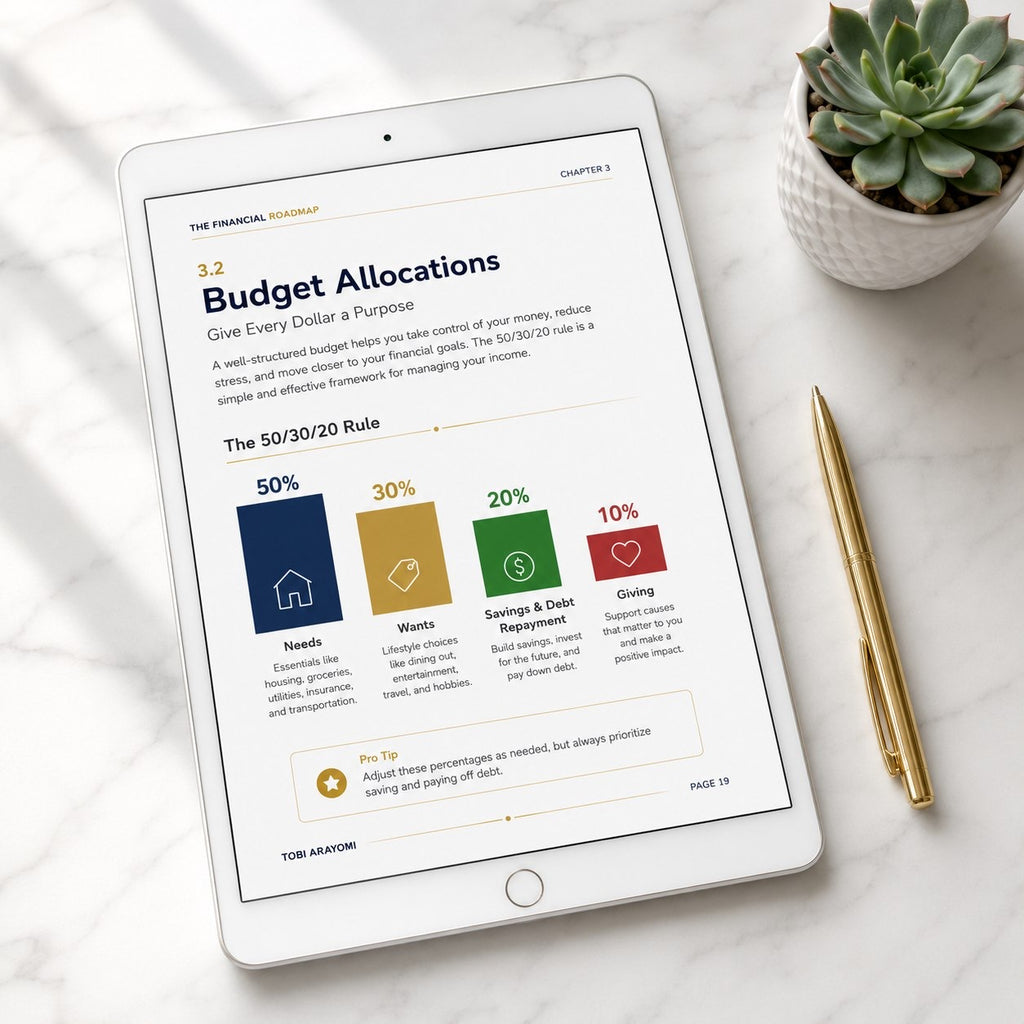 The Financial Roadmap interior - Budget Allocations chapter with 50/30/20 rule diagram